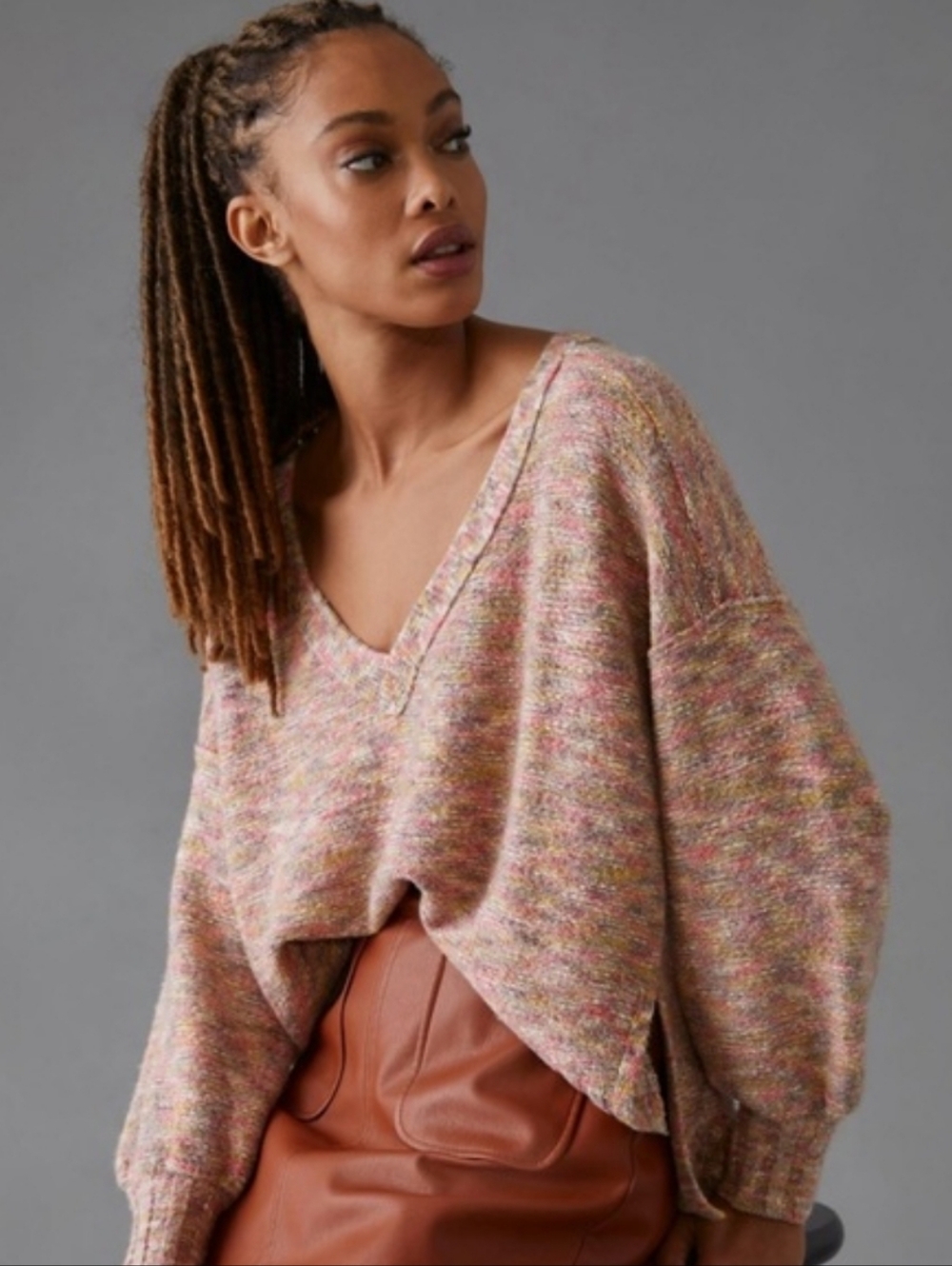 Anthropologie Pilcro Pink Multicolor V-Neck Knit Sweater Space Dye Oversized